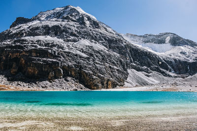 Scenic view of snowcapped mountains against blue sky