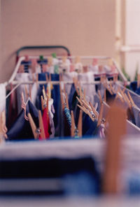 High angle view of clothes drying on rack at home