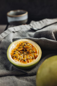 High angle view of fruits in bowl on table