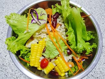 High angle view of vegetables in bowl on table