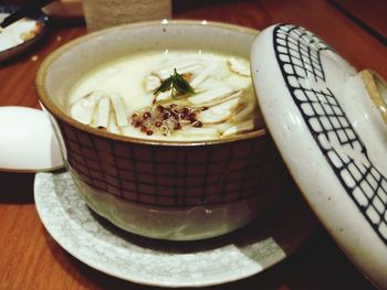 Close-up of soup in bowl on table