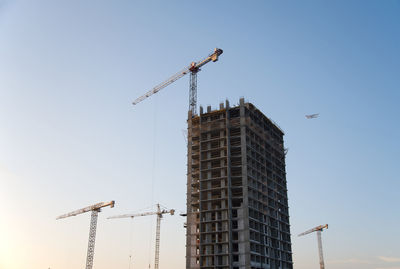 Tower cranes in action on blue sky background. housing renovation concept. crane during formworks