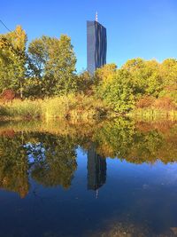 Reflection of trees in lake against clear blue sky