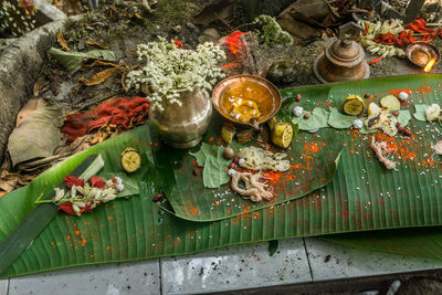 High angle view of various flowers on table