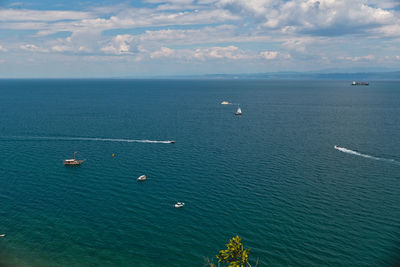 High angle view of ship sailing in sea against sky