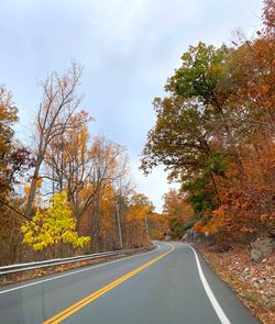 Road amidst trees against sky during autumn