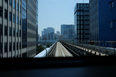 Railroad tracks in city against clear sky