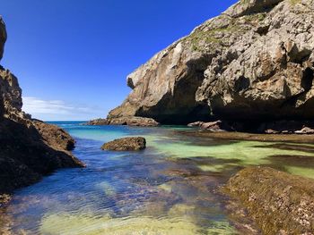 Scenic view of sea against clear blue sky