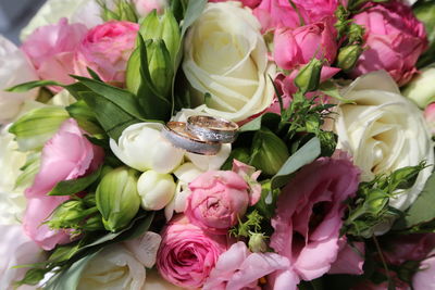 High angle view of pink rose bouquet