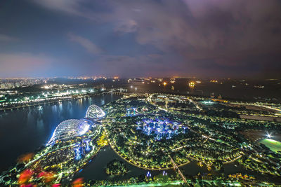 Night aerial view of garden by the bay in singapore skyline, marina bay