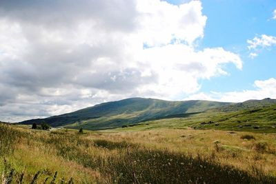 Scenic view of field against cloudy sky