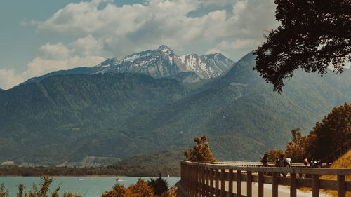 Panoramic view of trees and mountains against sky