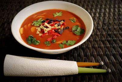 High angle view of soup in bowl on table