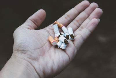 Cropped hand holding cigarette butts