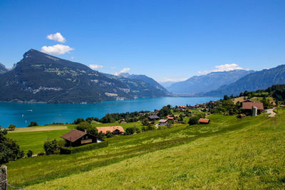 Scenic view of landscape and mountains against sky