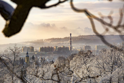 Bare trees by buildings against sky during sunset