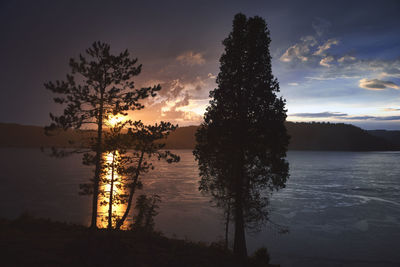 Silhouette trees by lake against sky during sunset