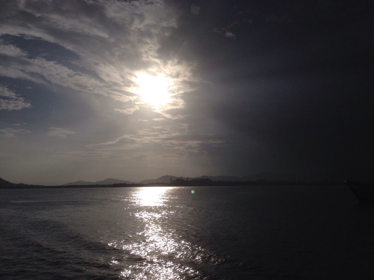 water, tranquil scene, tranquility, scenics, sky, sea, sun, beauty in nature, waterfront, reflection, nature, cloud - sky, sunset, horizon over water, idyllic, sunlight, sunbeam, cloud, silhouette, rippled