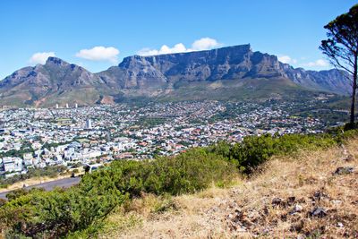 Panoramic shot of townscape against mountain range