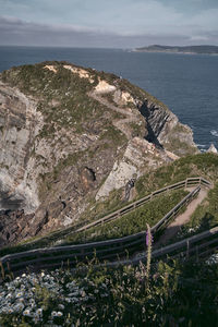 High angle view of road by sea against sky