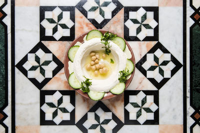 Directly above shot of cake served on plate