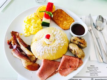 High angle view of breakfast served on table