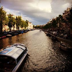 Boats in canal against cloudy sky
