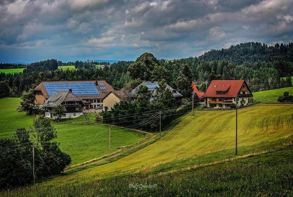 building exterior, architecture, grass, built structure, house, sky, landscape, field, green color, tree, rural scene, grassy, cloud - sky, agriculture, tranquil scene, nature, mountain, beauty in nature, scenics, farm