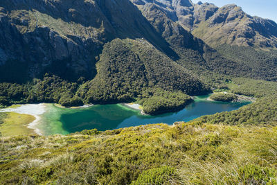 High angle view of lake and mountains