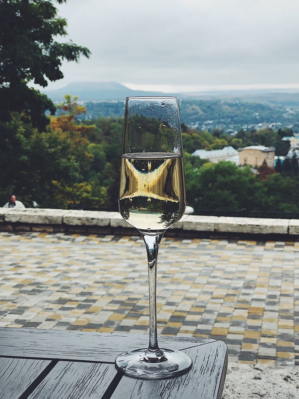 VIEW OF WINE GLASS ON TABLE AGAINST TREES