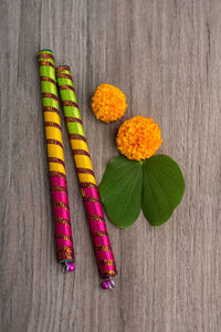 High angle view of multi colored flowers on table