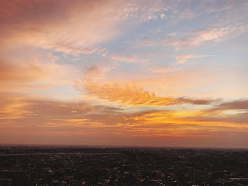 Aerial view of buildings against sky during sunset