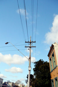 Low angle view of electricity pylon against sky