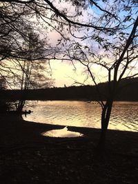Silhouette bare trees by lake against sky during sunset