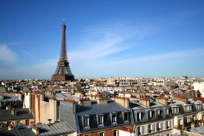 Eiffel tower amidst cityscape against sky