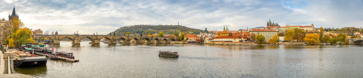 Panoramic view of bridge over river against cloudy sky