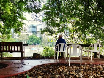 Rear view of man sitting on chair against plants