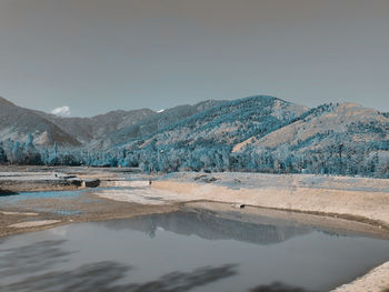 Scenic view of lake by mountains against sky