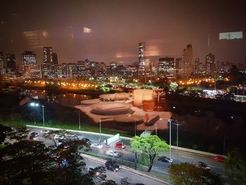 High angle view of illuminated city at night