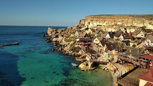 High angle view of sea against clear sky