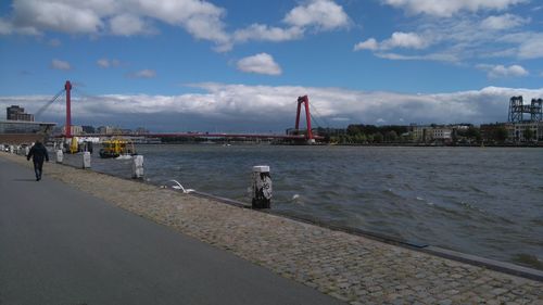 View of suspension bridge in city