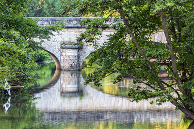 Footbridge over river amidst trees