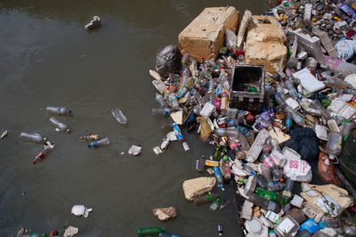 High angle view of garbage in water