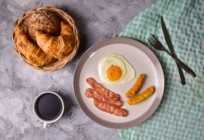 High angle view of breakfast served on table