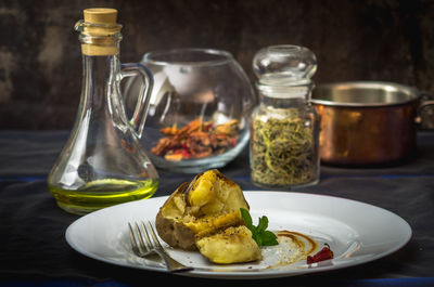 Close-up of food served on table