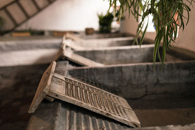 High angle view of old table