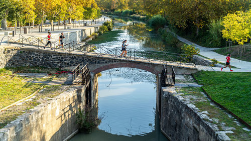 High angle view of footbridge over river amidst trees