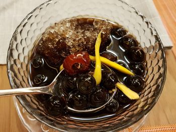 Close-up of ice cream in basket on table