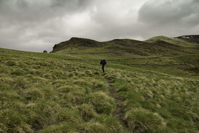 Rear view of people walking on landscape against sky