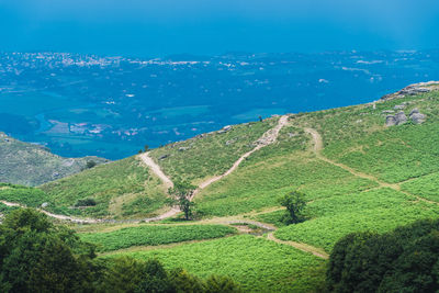 High angle view of land against sky